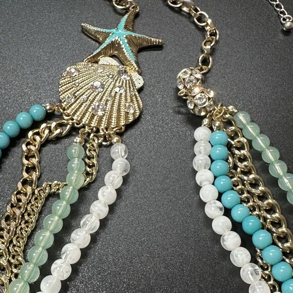 Necklace Multi Strand Ocean Blue Gold Tone Seashell - Picture 3 of 3